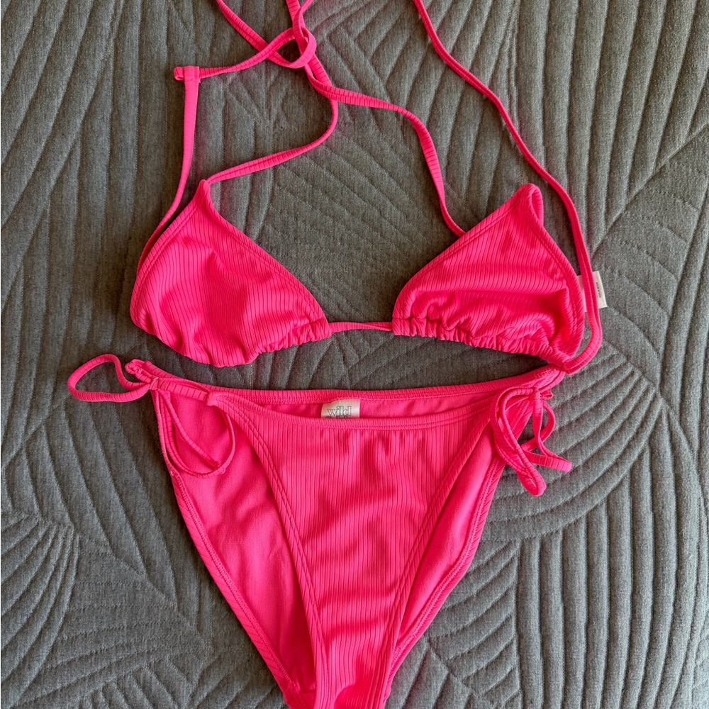wild fable Hot Pink Ribbed Triangle String Bikini